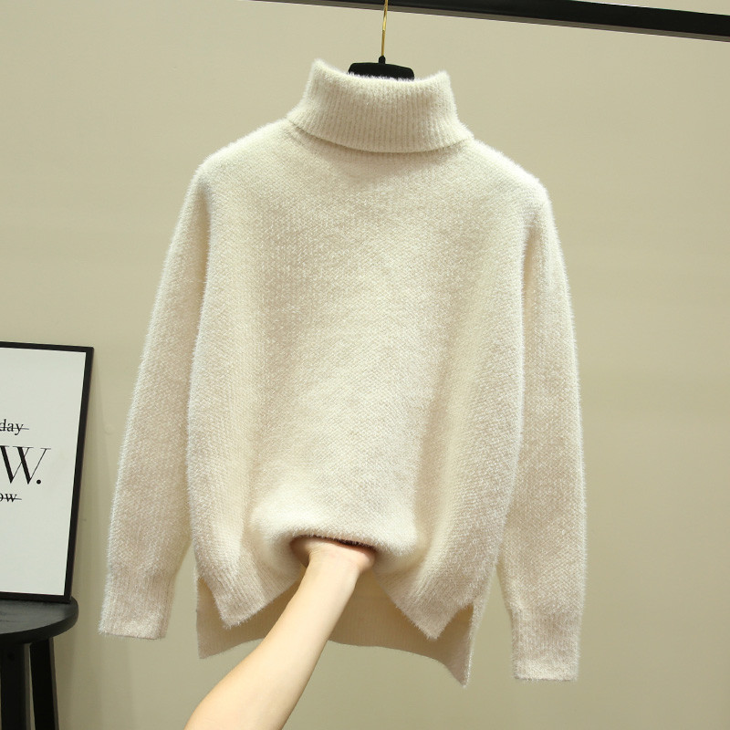 Vintage Casual Outwear Knitwear Women Winter Solid Color Thicken Pullover High Collar Turtleneck Sweater