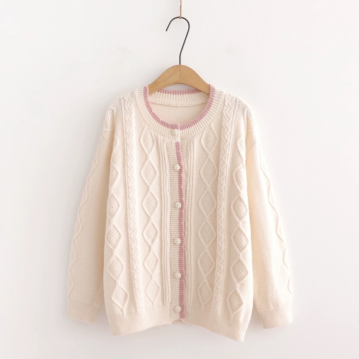 Custom Women Knit Sweater Long Sleeve Crew Neck Ladies Sweater Preppy Style Cable Drop Shoulder Button Women Knit Cardigan