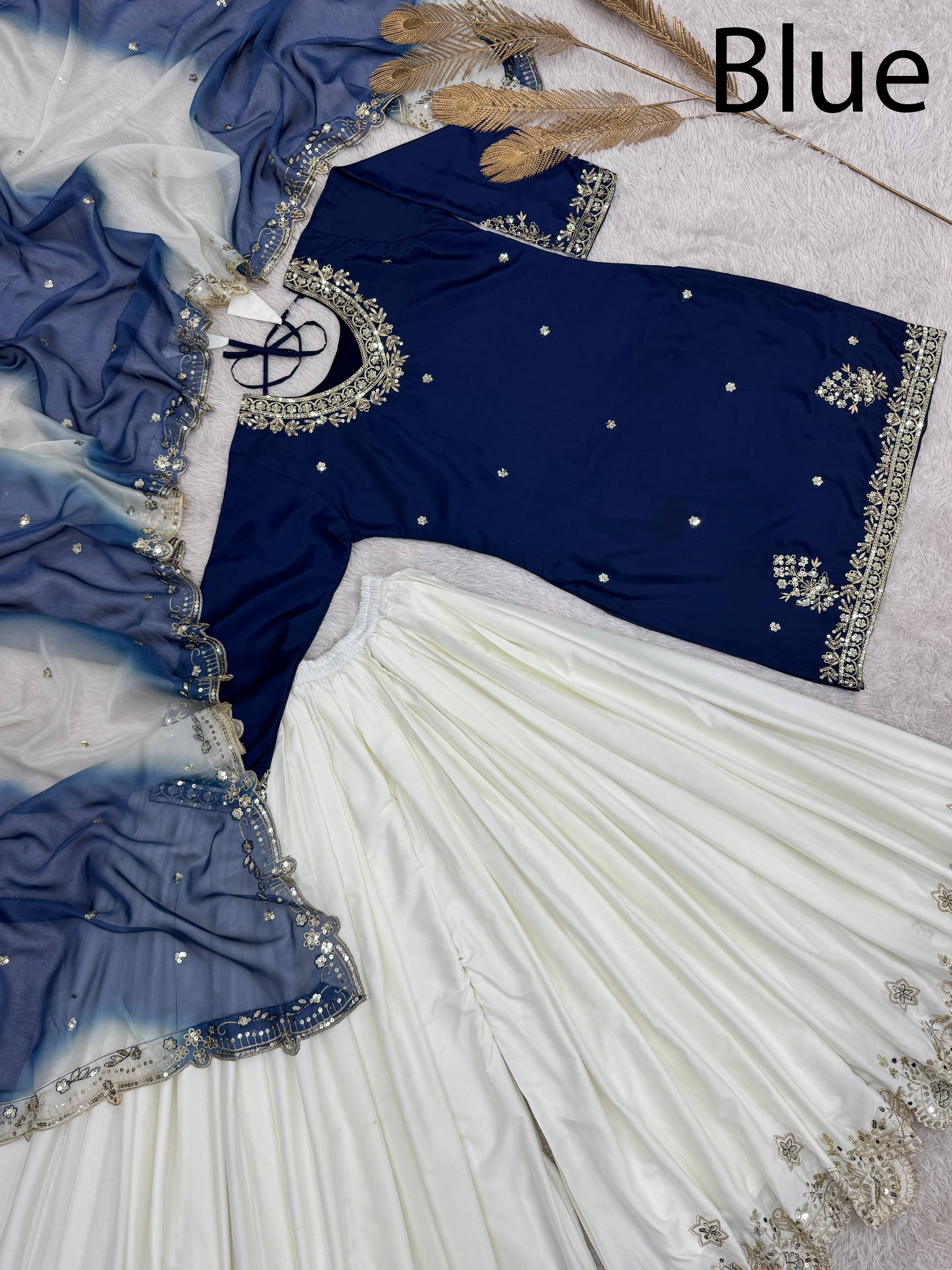 Wholesale Stitched Designer Indian Sequin Embroidered Crepe Slim Fit Sharara Gharara KurtiSet Diwali Wedding Party Premium