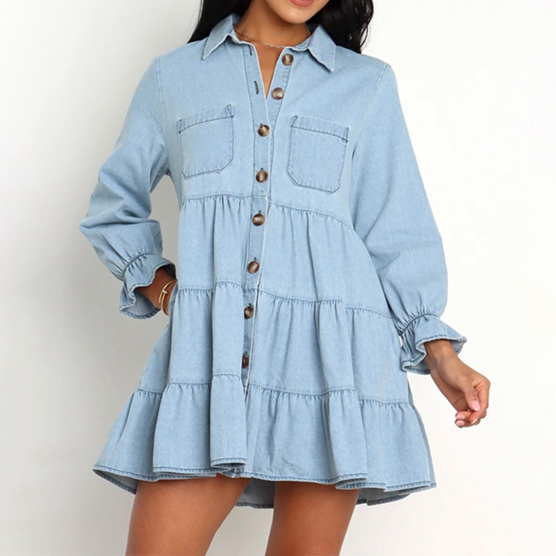 2022 Wholesale Casual Women Ladies Long Sleeve Oversized Loose Shirt Jean Denim Dress