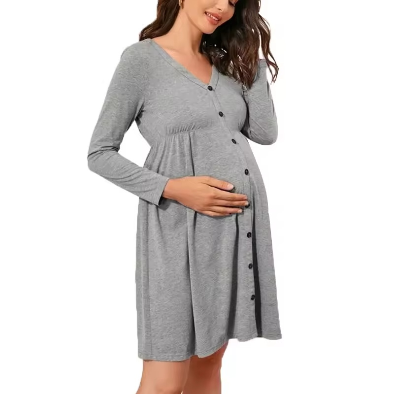 Organic Cotton Long Sleeve Maternity Dress V-Neck Button Front Breathable Knitted Summer Pajama Sets