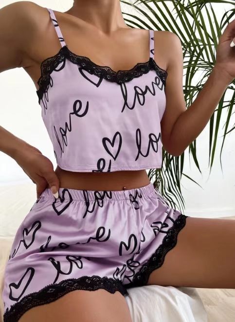 Women 2-Piece Pajama Set Pink Love Print Lace Trim Sleeveless Shorts Sleepwear Summer Sexy Style