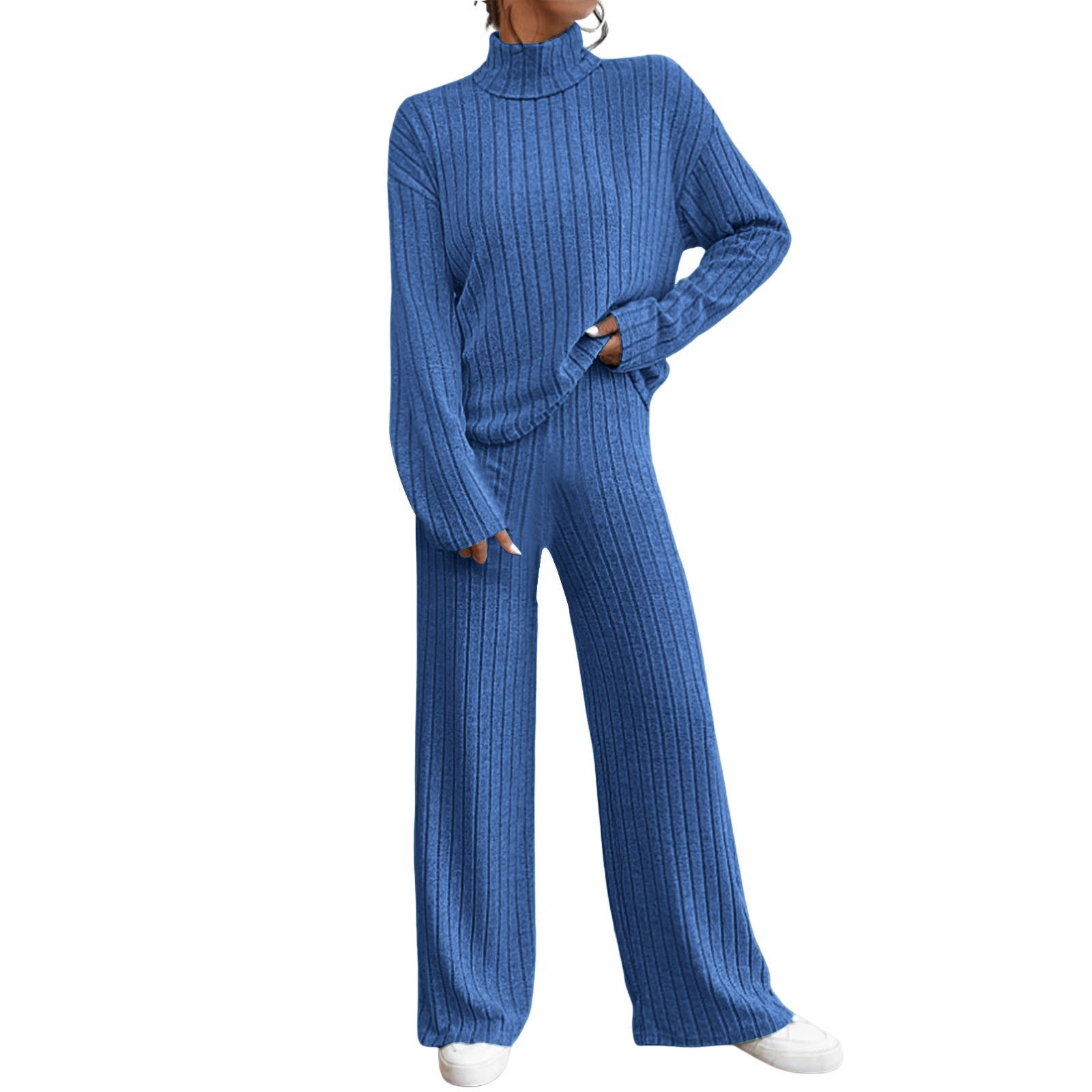 Women's Casual Two-Piece Autumn Winter Knit Wear Set High Neck Long Sleeve Top and Wide Leg Pit Stretch Knit Trousers Outfits
