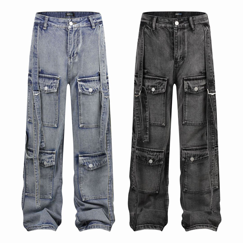 Women's Wide Leg Jeans Ribbon Decoration Hip Hop Multi Pocket Work Pants Leisure Personality Low Waist Jeans