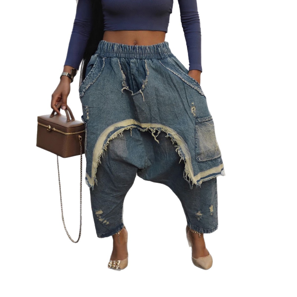 Lady's Clothing Wholesale Personalized Street Style Trendy High Waist Denim Loose Pants