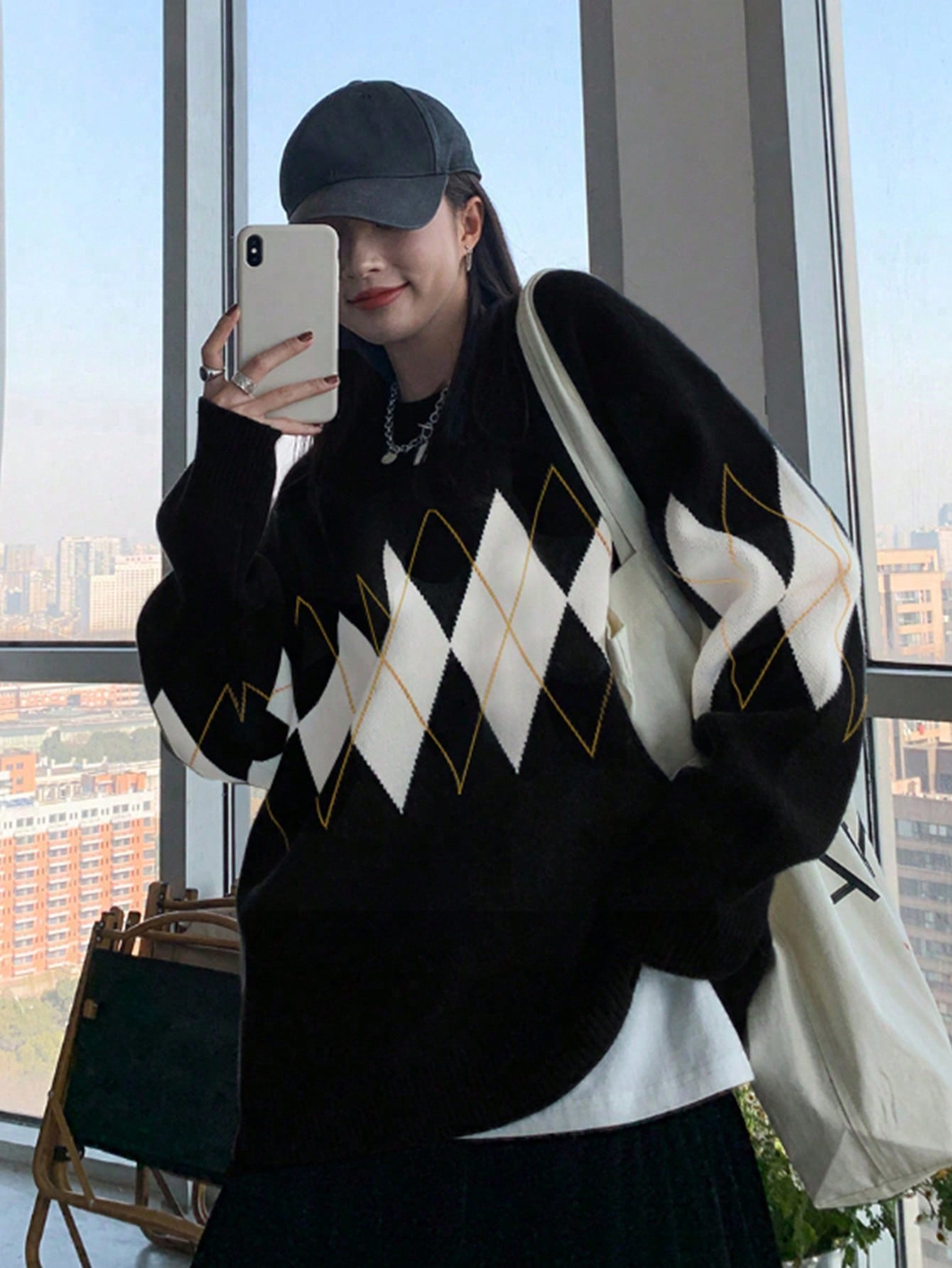 Women'S Oversized Cool Sweater Y2K Casual Long Sleeve Pullover Argyle Pattern Drop Shoulder Knitwear Top