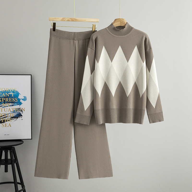 Diamond-Patterned Loose Fit Half-Neck Sweater Set Women's Autumn New Elegant Anti-Wrinkle Knitwear Viscose Wide-Leg