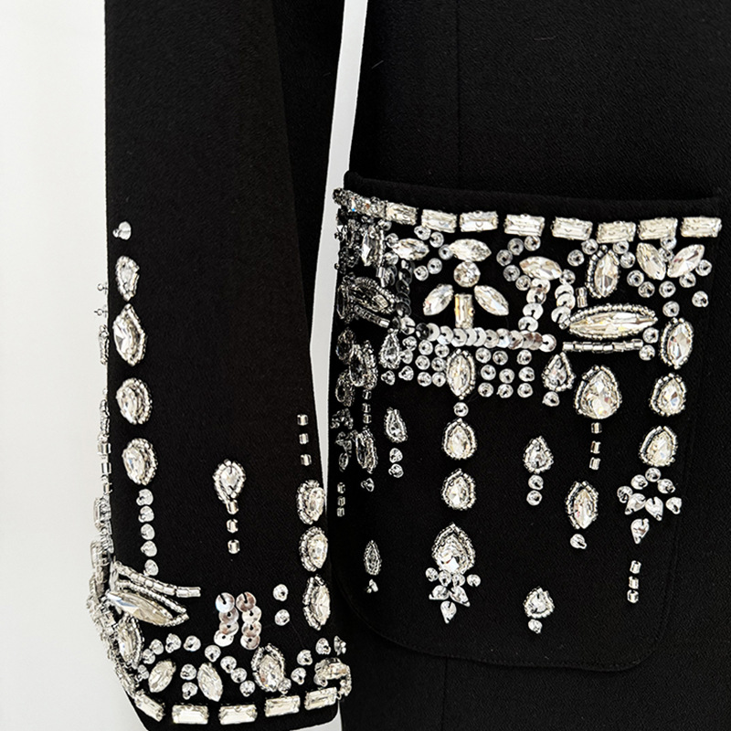 Elegant Black Slim Fit Blazer Maxi Party Dress Women Long Sleeve Beaded Crystal Embellished Formal Evening Party Gown