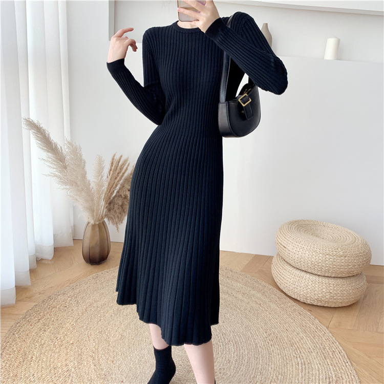 FNJIA Women's Mid-Length Slim Winter Dress Solid Color Casual Style European American Fashion with Cotton Knit Sweater Sleeves