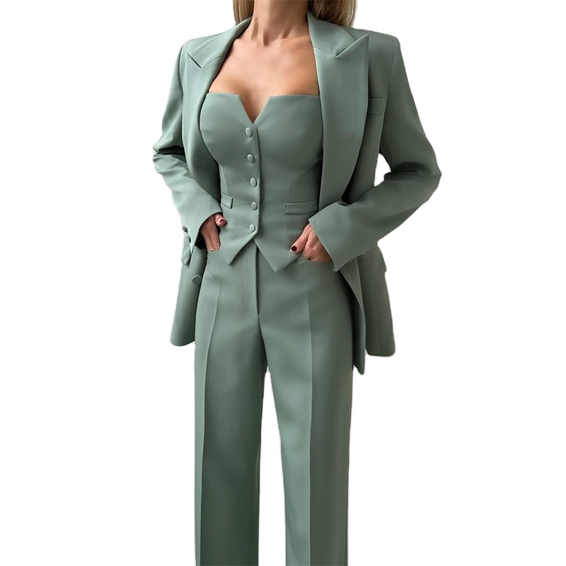 New Latest Fashion Color Long Button Women's 3-Piece Double Breasted Office Blazer Suit Set 2025