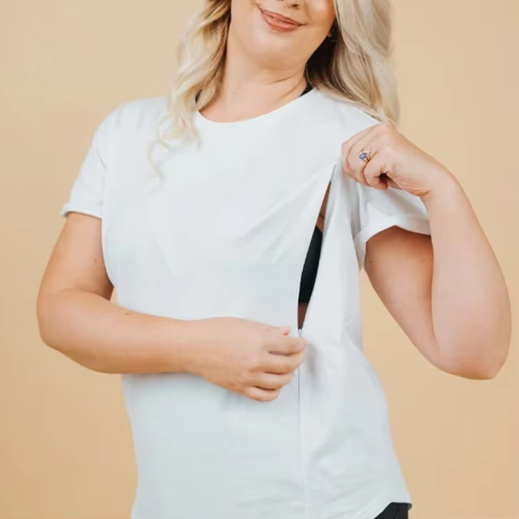 Maternity Clothes Custom Summer Breathable Nursing Tees Zip Access Plus Size Round Neck Breastfeeding T Shirts