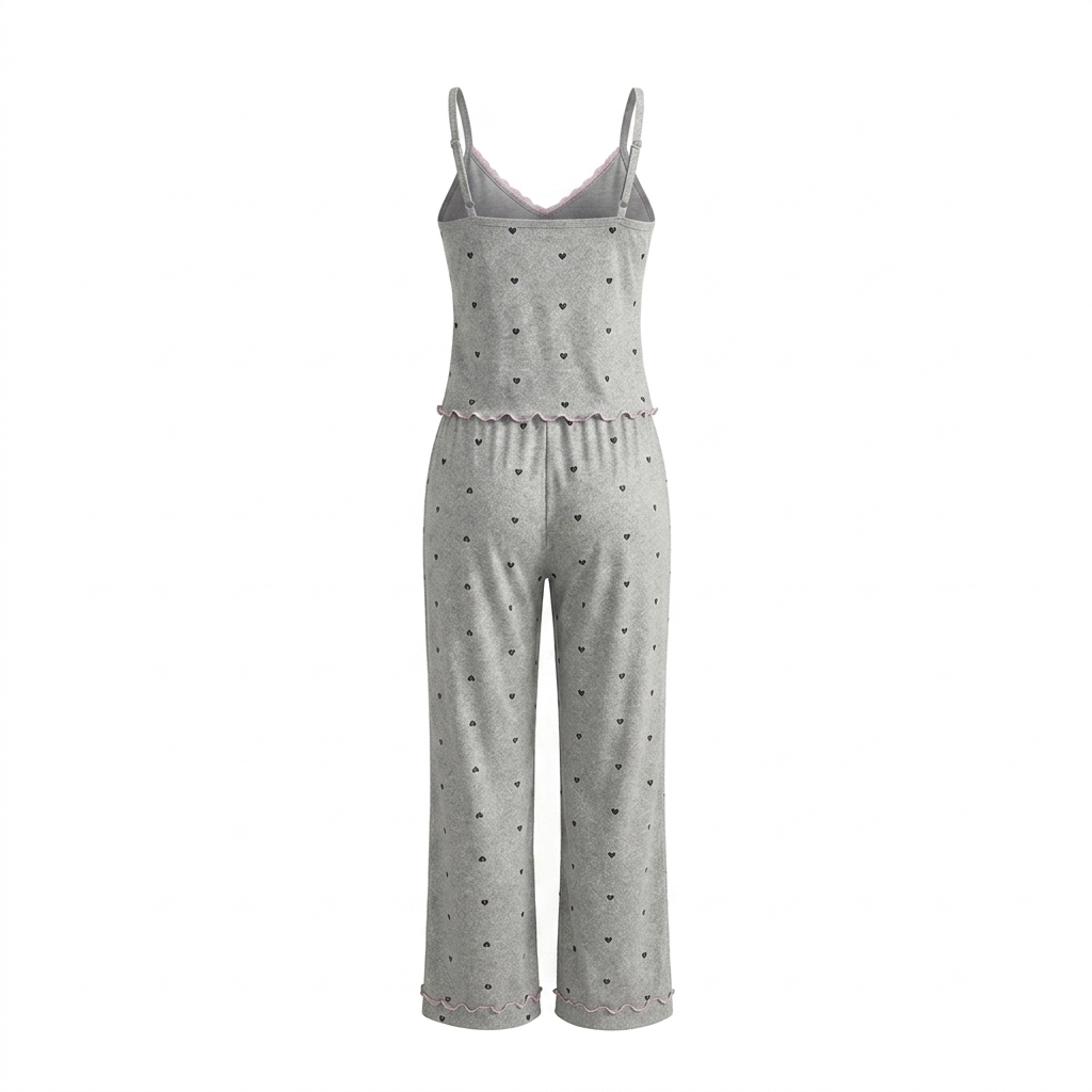 Wholesale Custom Soft Cotton Loungewear for Women Front Lace Trim Hearts Print Cami Top Pajama Pants Set Plus Size Summer