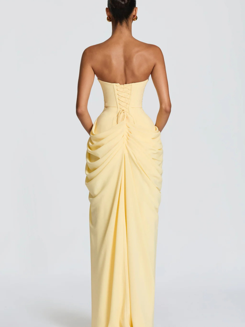 Women's Elegant Strapless Ruched Maxi Dress Lace up Back High Slit Bodycon Formal Evening Gown for Wedding Prom
