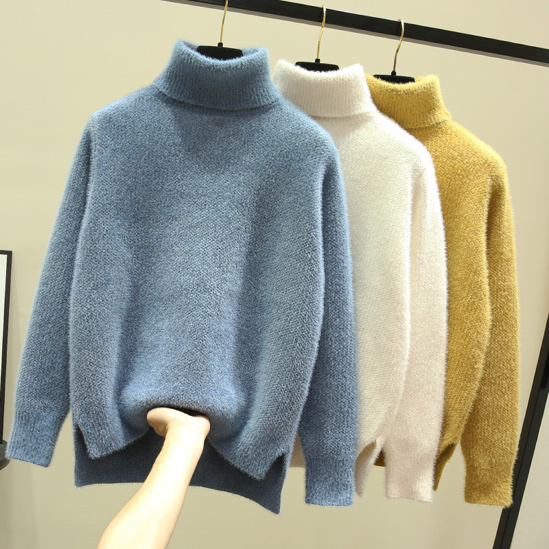 Vintage Casual Outwear Knitwear Women Winter Solid Color Thicken Pullover High Collar Turtleneck Sweater