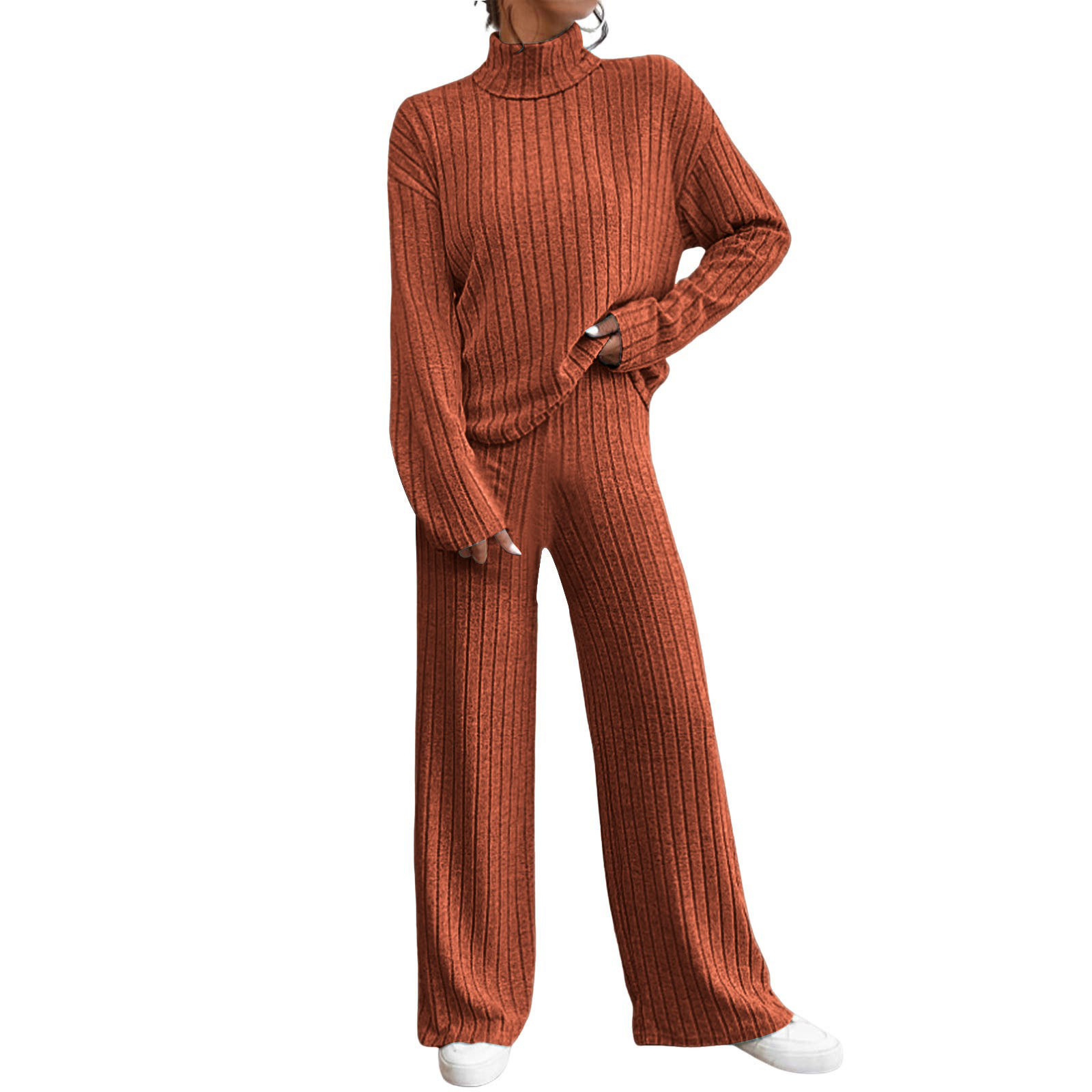 Women's Casual Two-Piece Autumn Winter Knit Wear Set High Neck Long Sleeve Top and Wide Leg Pit Stretch Knit Trousers Outfits