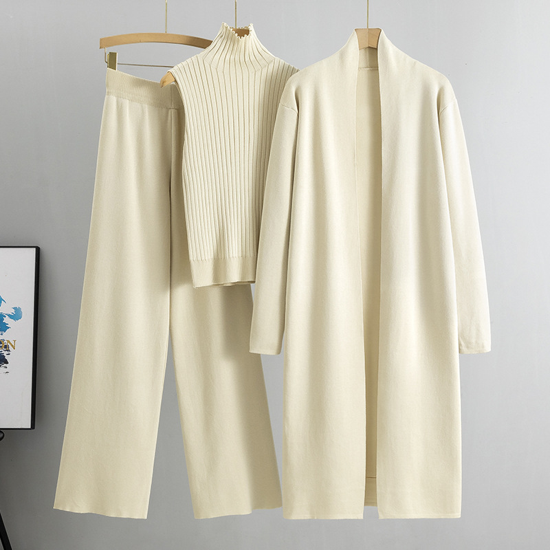 Autumn Winter Casual Loose Solid Knit Wear 3 Piece Set Long Cardigan Sweaters Turtleneck Vest Wide-Leg Pants Women Knitted