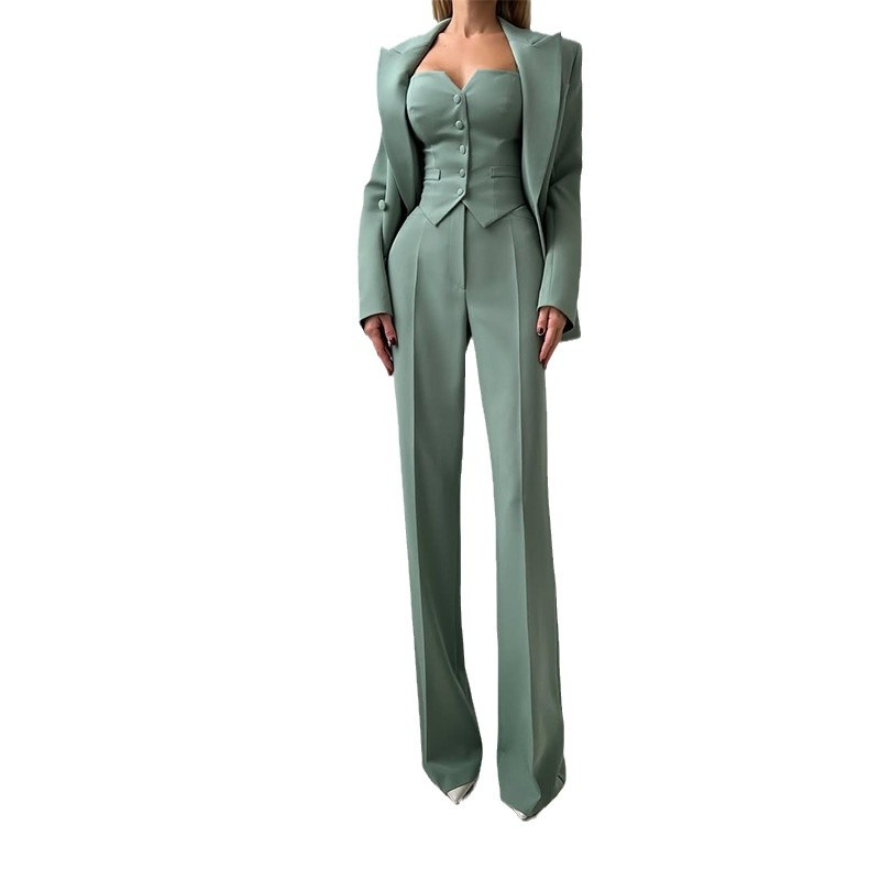 New Latest Fashion Color Long Button Women's 3-Piece Double Breasted Office Blazer Suit Set 2025