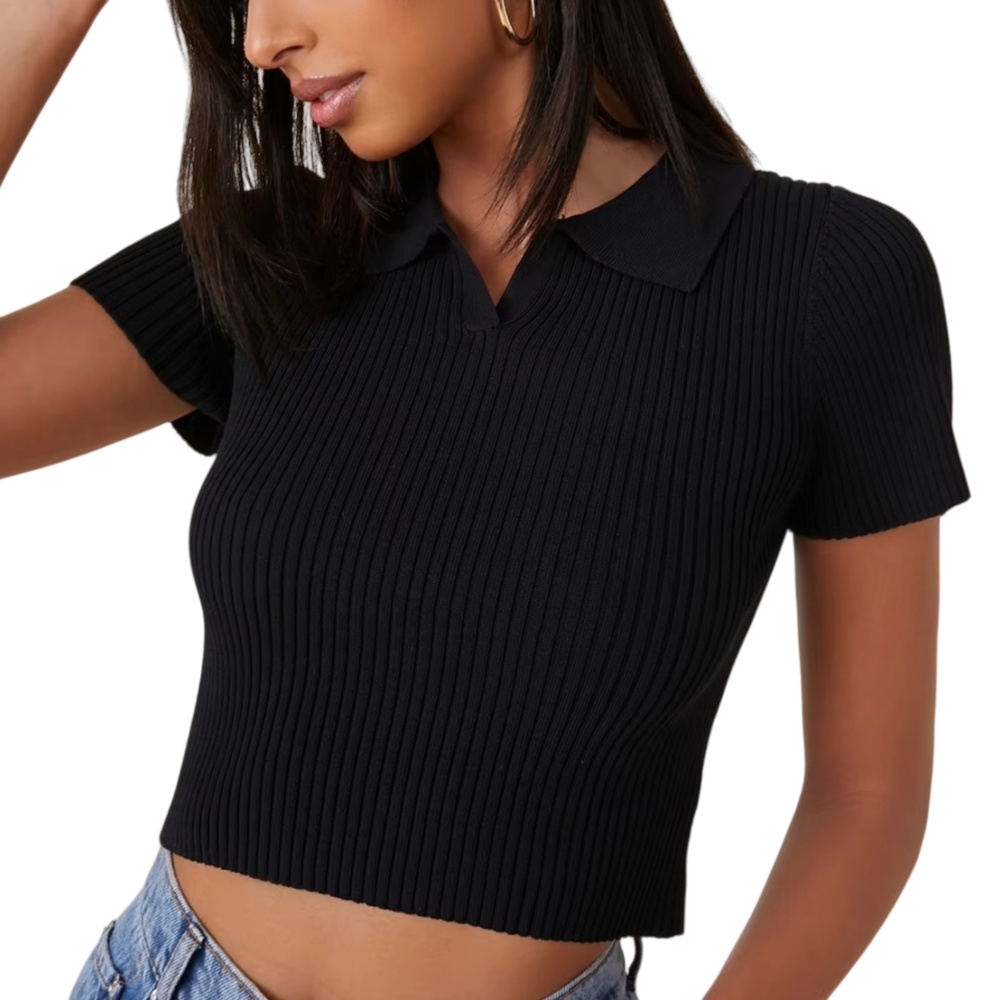 Factory Custom Logo Women's Short Sleeve Ribbed Knitted Polo Shirt Premium Slim Fit V Neck Collared Knitwear Crop Top