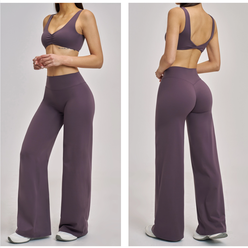 YSH Women's Fitness Activewear Set 3pcs Yoga Leggings &amp; Bras Gym High Waist Wide-Leg Pants Solid Pattern Sport Fitness Set