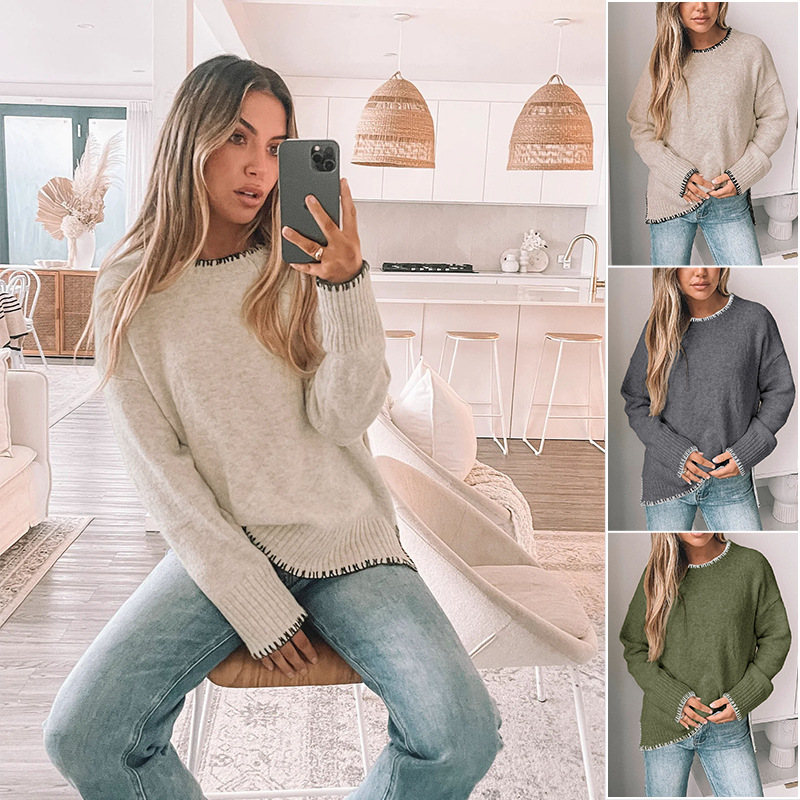Wholesale Hot Selling New Autumn &amp; Winter Crew Neck Loose Casual Long-Sleeve Solid-Color Split Hem Pullover Sweater