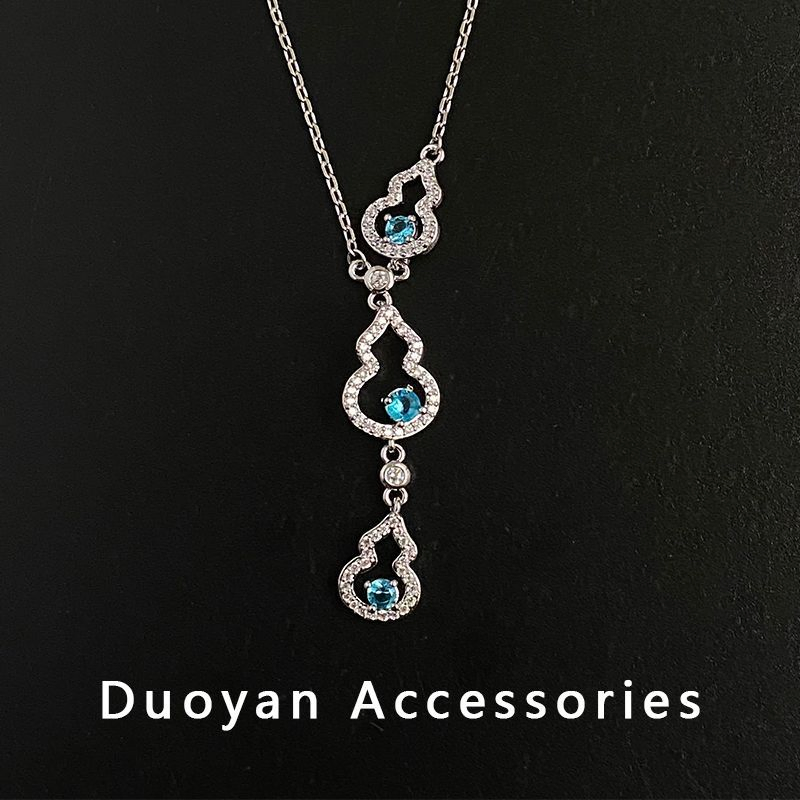 Blue Treasure Sparkling Gourd Shaped Pendant Necklace Clavicle Chain Gift Box Vintage Luxury Versatile, Small and Popular