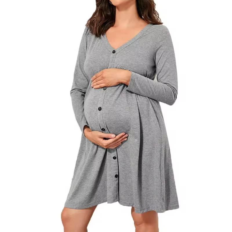 Organic Cotton Long Sleeve Maternity Dress V-Neck Button Front Breathable Knitted Summer Pajama Sets