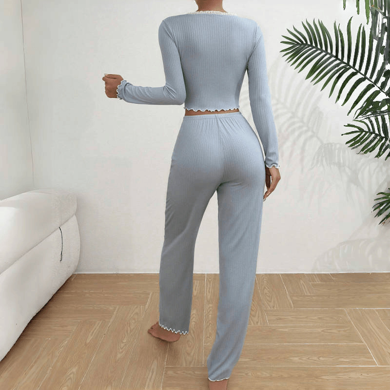 Homewear Pajamas Set for Women Long Sleeves Shirt Trousers 2 Pieces Sexy Lace Pijamas Sleepwear Loungewear