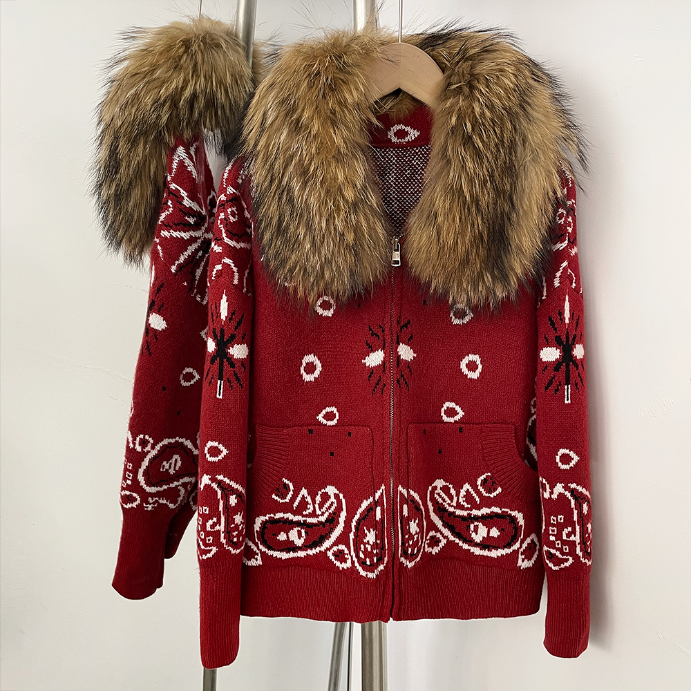 Luxurious Women's Knit Cardigan with Real Fox Fur Collar Vintage Paisley Zip-Up Sweater Jacket Warm Winter Luxury Outerwear