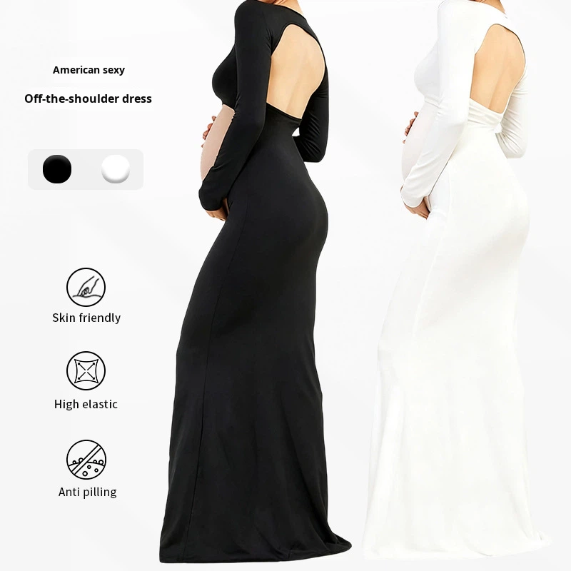 Stock Women's Split Maternity Dress Long Sleeve Ruched Pregnancy Clothes Woven Fabric Square Collar Hollow Back Elegant Mermaid