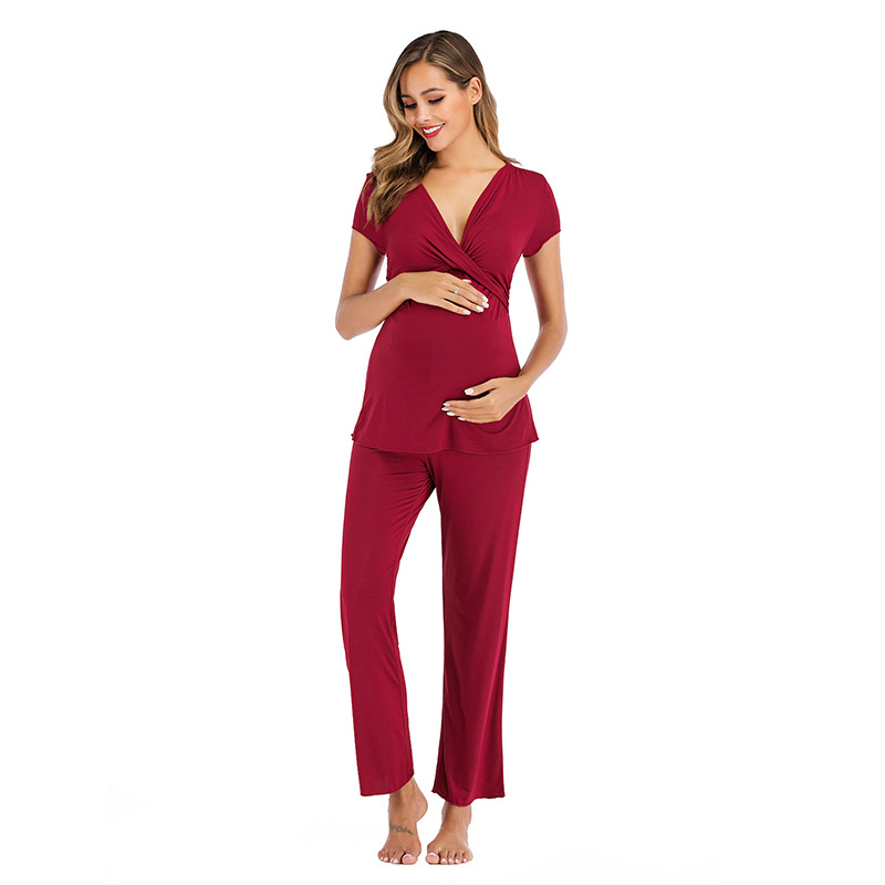 Elegant Classic Modal Nursing Homewear Maternity Pajama Set with Elastic Waist Closure Soft and Smooth for Spring and Summer