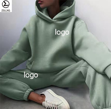 Unisex Customizable Sportswear Warm Solid Color Fleece Sweatshirt Women'S Sports Yoga Hoodie Trousers Two-Piece Suit