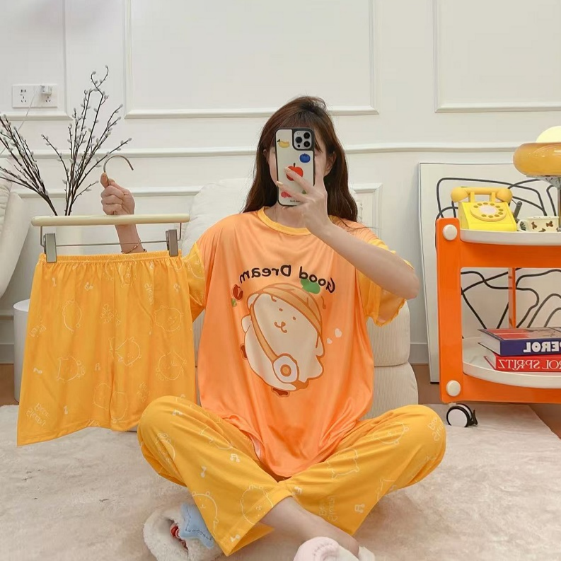 Thin Milk Silk Women's Summer Short Sleeve Shorts Trousers 3 Piece Set Korean Style Cartoon House Wear Women's 3in1 Pajamas