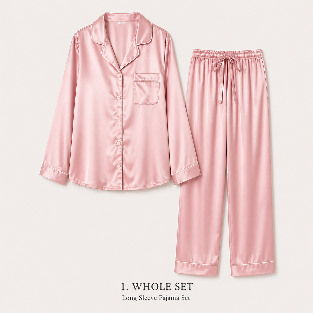 OEM Private Label Satin Sleepwear Women Long Sleeve Pink Loungewear Set for Boutique Retail