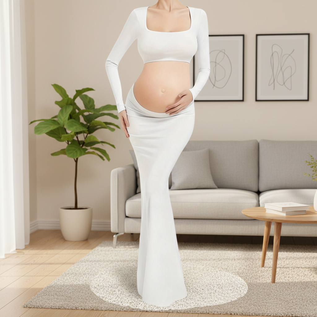 Stock Women's Split Maternity Dress Long Sleeve Ruched Pregnancy Clothes Woven Fabric Square Collar Hollow Back Elegant Mermaid