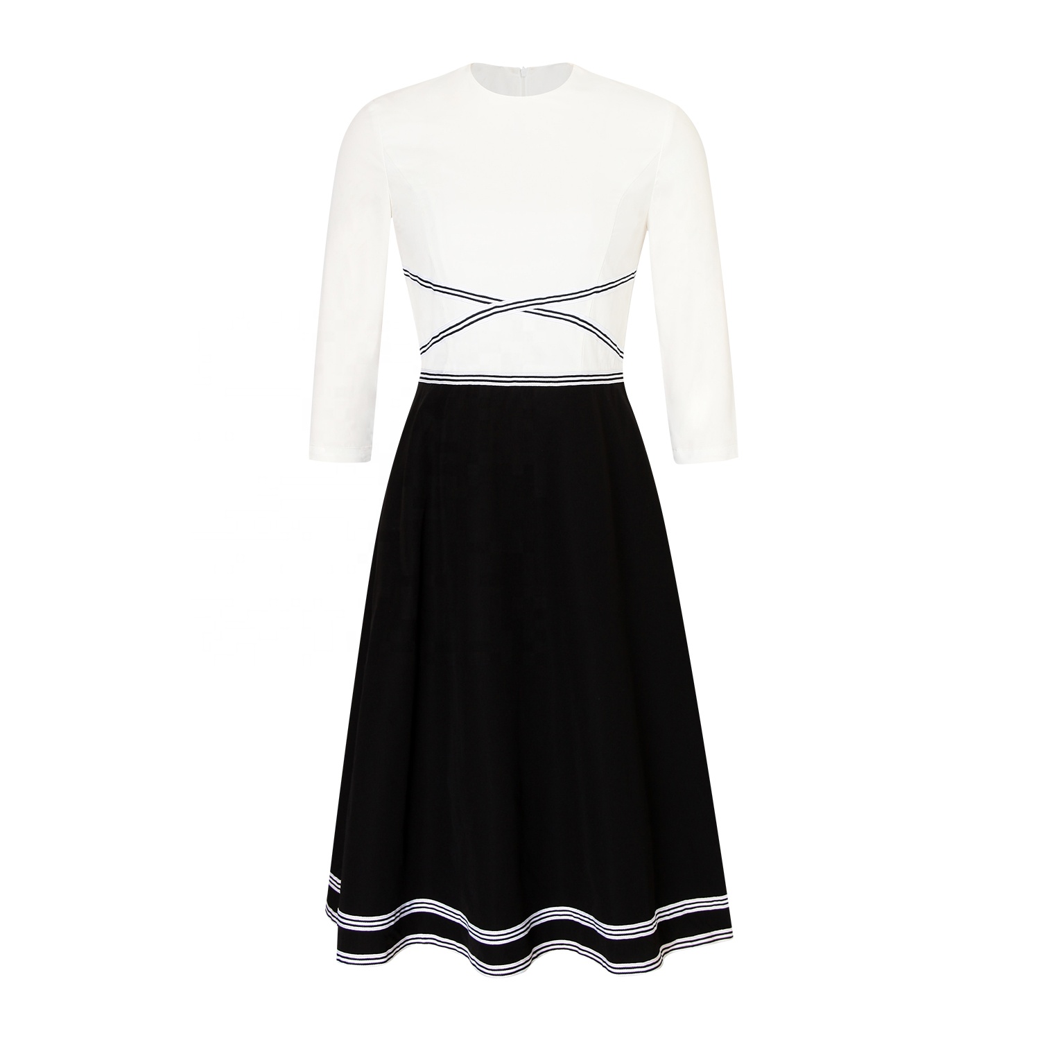 Custom Wholesale Clothing Ruffles a Line Midi Dress Classic Vintage Luxury Formal Korean Office Wear Dress for Women Elegant