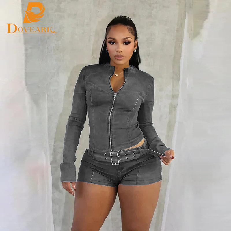 Retro Fashion Sexy Stretchy Denim Jeans Two Piece Sets for Women Slim Long Sleeve Jackets Zip Crop Top with Belt Shorts Outfits