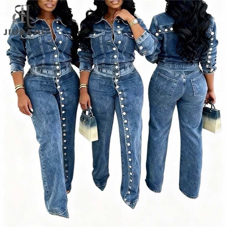Fashion Patchwork Casual Denim 2-piece Women's Set Solid Color Single-breasted Blouse and Long Denim Pants Washable