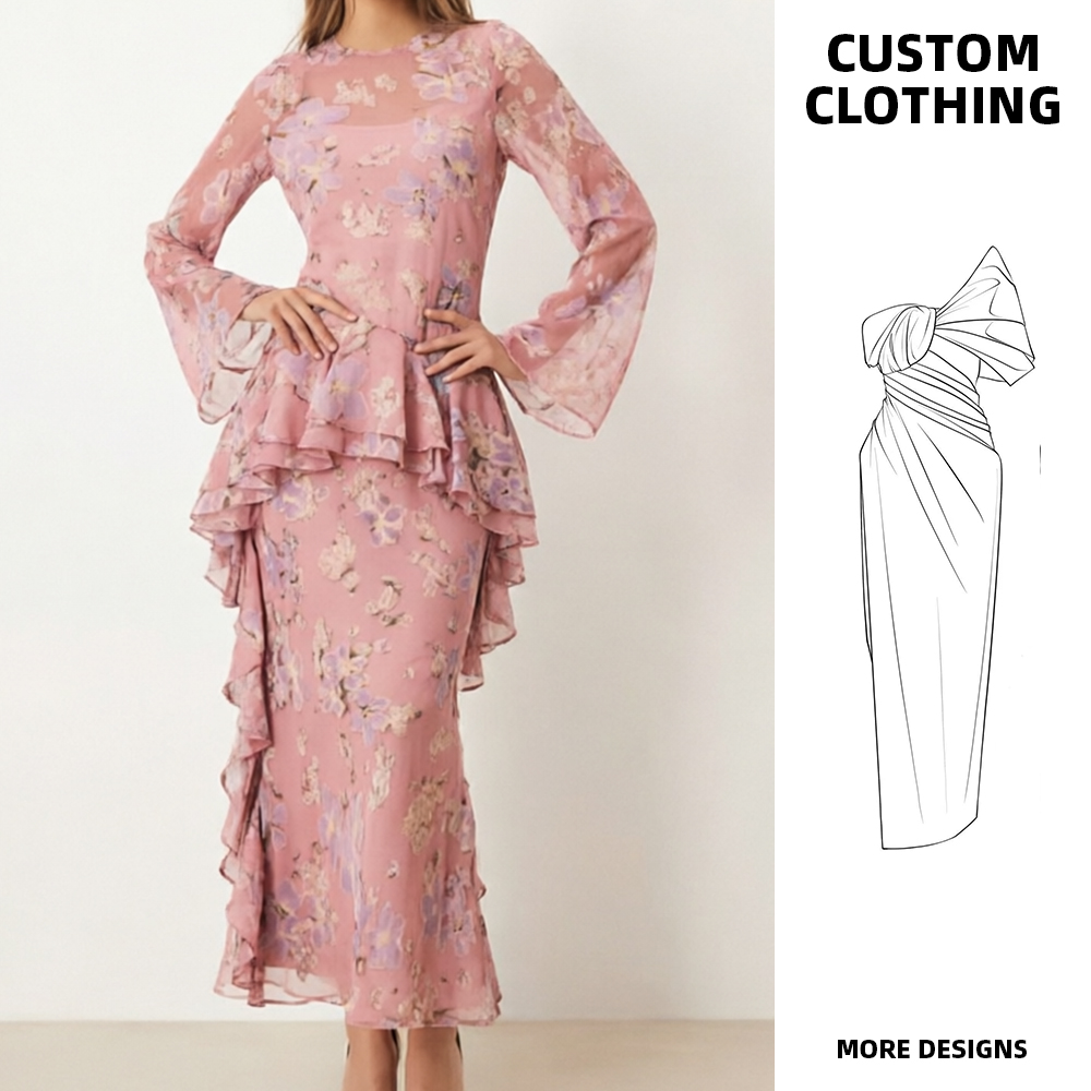 Elegant Pink Floral Ruffle Peplum Waist Long Sleeve Wedding Guest Gown, Custom Print OEM Women's Clothing Maxi Dress