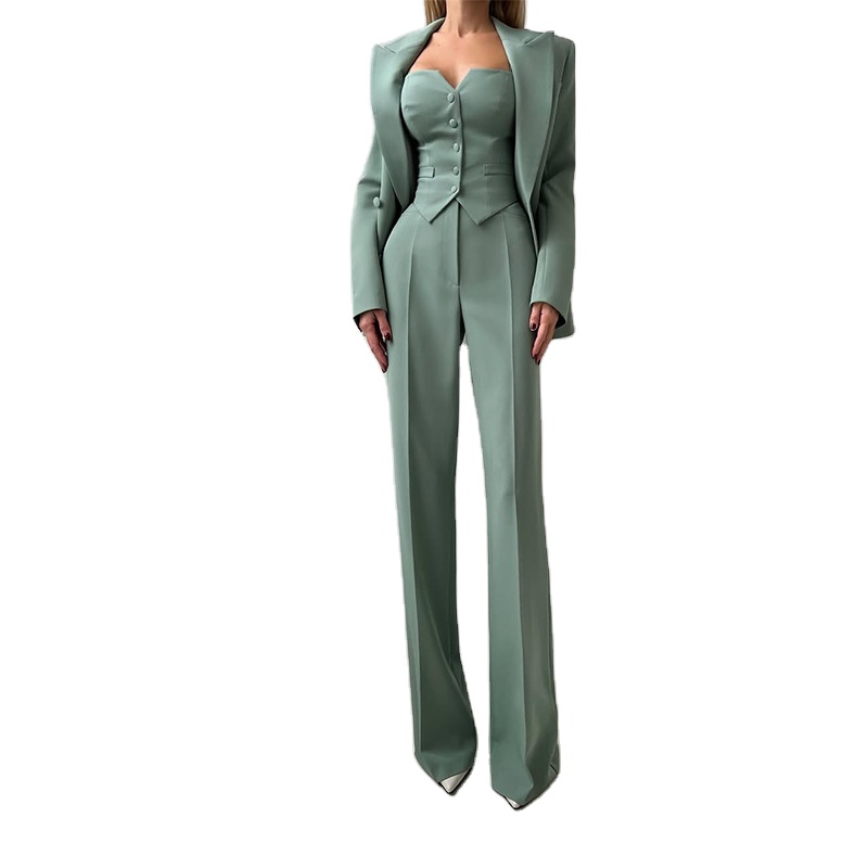 New Latest Fashion Color Long Button Women's 3-Piece Double Breasted Office Blazer Suit Set 2025