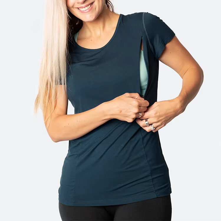 Maternity Clothes Custom Summer Breathable Nursing Tees Zip Access Plus Size Round Neck Breastfeeding T Shirts
