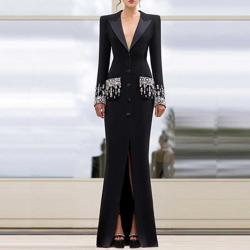 Elegant Black Slim Fit Blazer Maxi Party Dress Women Long Sleeve Beaded Crystal Embellished Formal Evening Party Gown