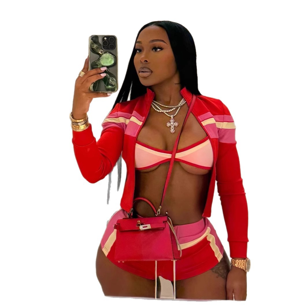 Women's Summer Streetwear 3-Piece Set Breathable Sports Bra Jacket Shorts-Contrast Color Loungewear