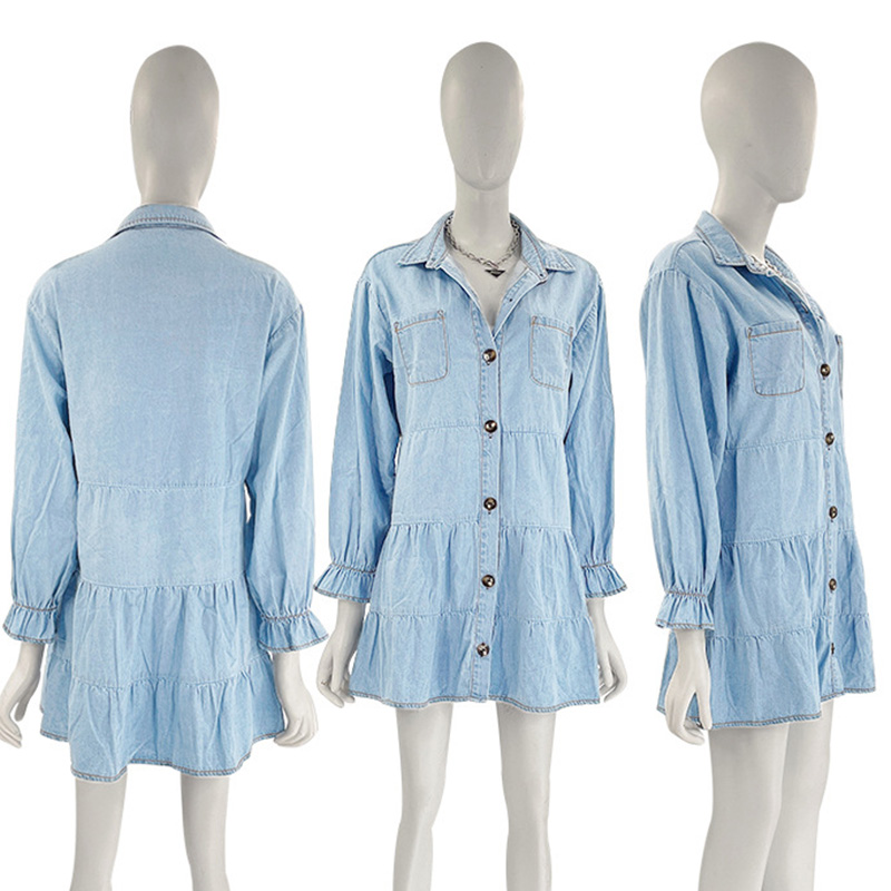 2022 Wholesale Casual Women Ladies Long Sleeve Oversized Loose Shirt Jean Denim Dress