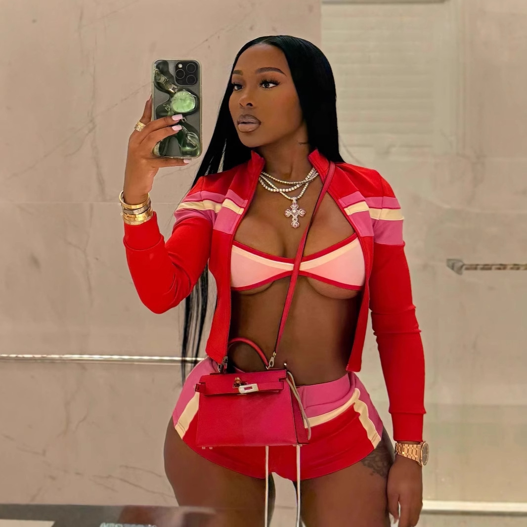 Women's Summer Streetwear 3-Piece Set Breathable Sports Bra Jacket Shorts-Contrast Color Loungewear