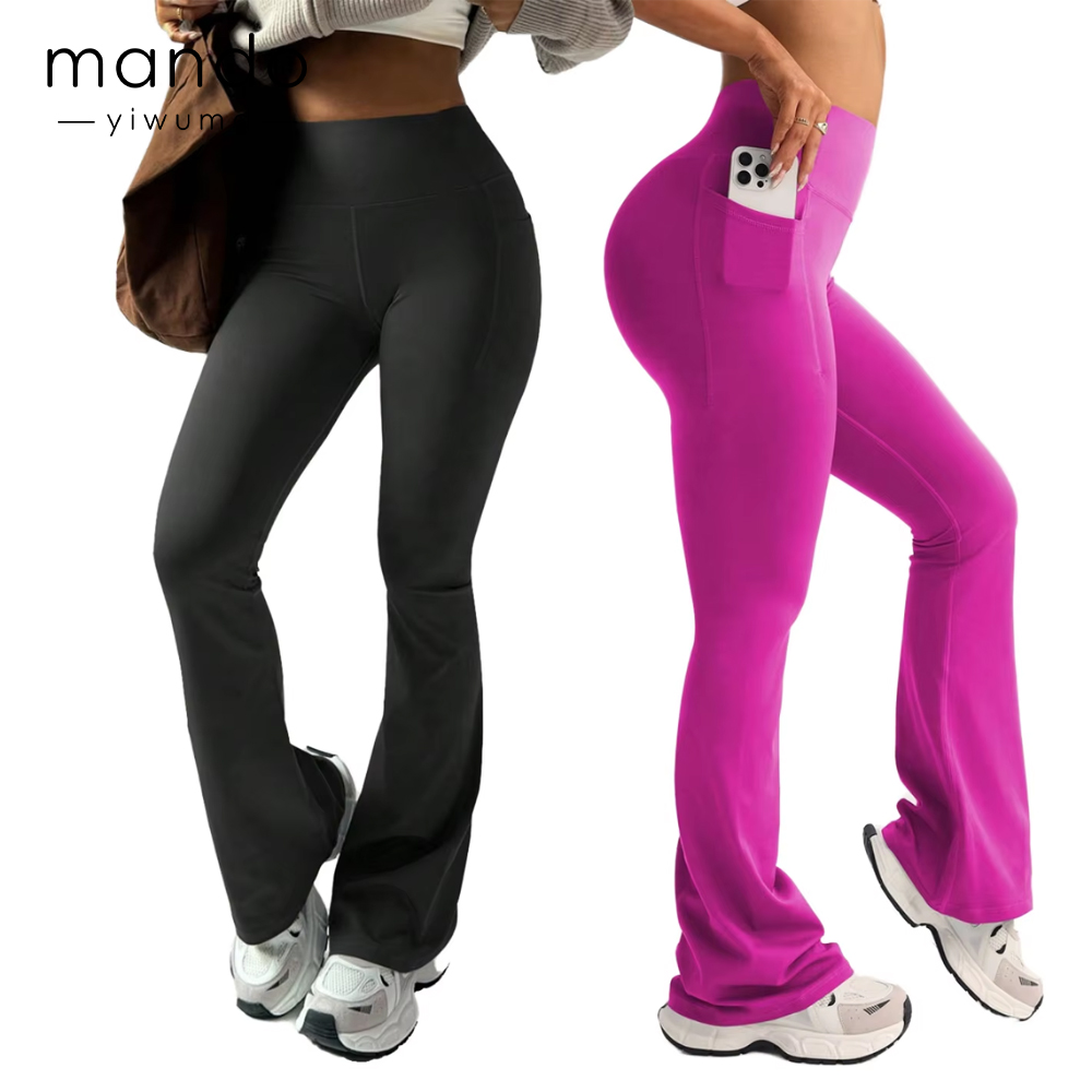 Polyester Spandex Side-Pocket Wide-Leg Pants Women's High-Waisted Fitness Yoga Flare Leggings With Pockets
