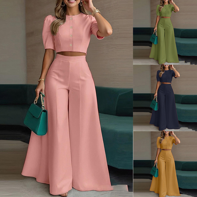 Women's Sleeveless Buttoned Crop Top Wide Leg Pants Set Formal Two Piece Suit Daily Commute Summer Breathable Eco-Friendly