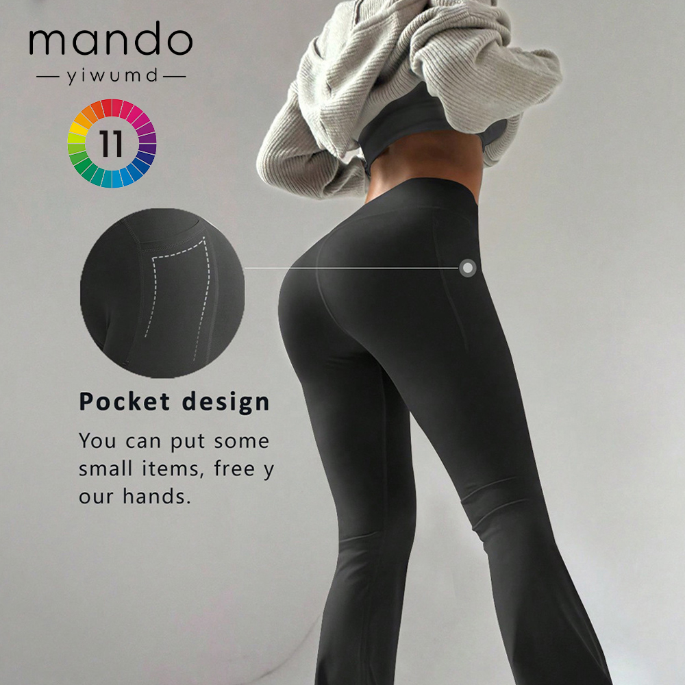 Polyester Spandex Side-Pocket Wide-Leg Pants Women's High-Waisted Fitness Yoga Flare Leggings With Pockets