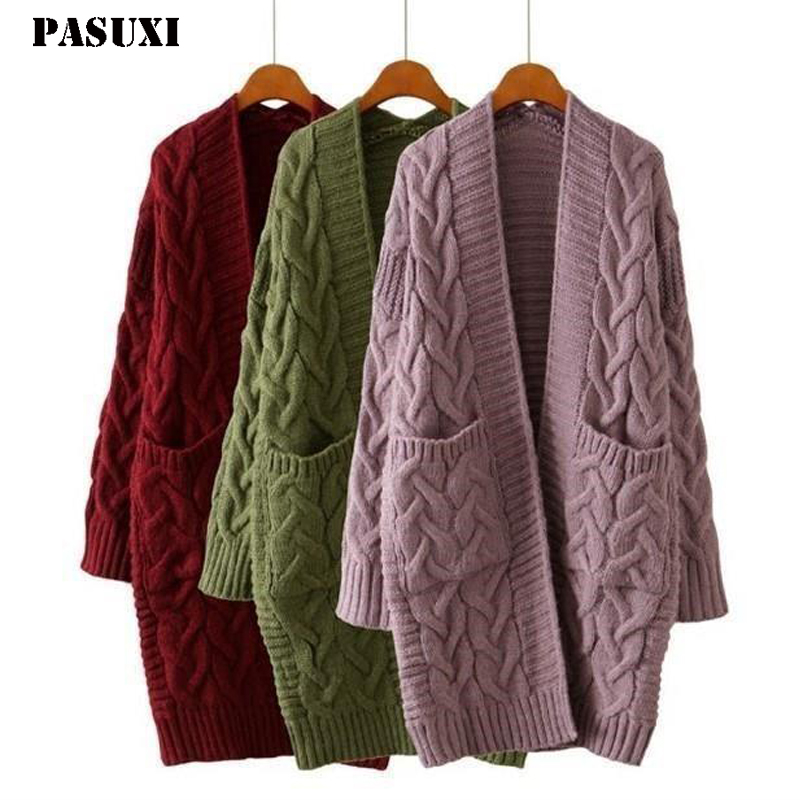PASUXI Women's Winter Solid Color Twist Knitted Cardigan Fashion Casual Warm Knitwear Coat Tops for Women