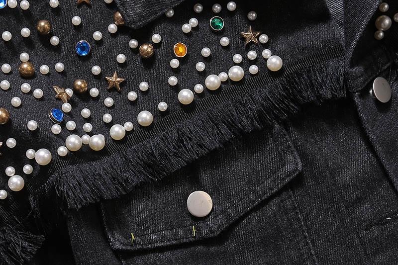 Luxury Ladies Pearl Diamond Long Sleeve Coat Women Denim Jacket With Bead