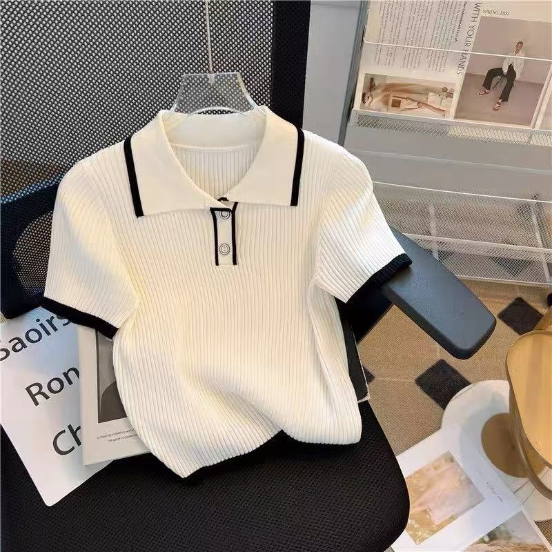 Summer New Women's Knitwear, Contrast Trim Polo Short Sleeve Slim Casual Knit Top, Versatile Commuter Women's Knitted Blouse